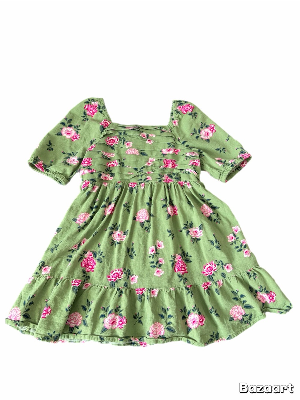 Toddler Girl Children's Place Green Floral Square-Neck Dress with Pink Roses